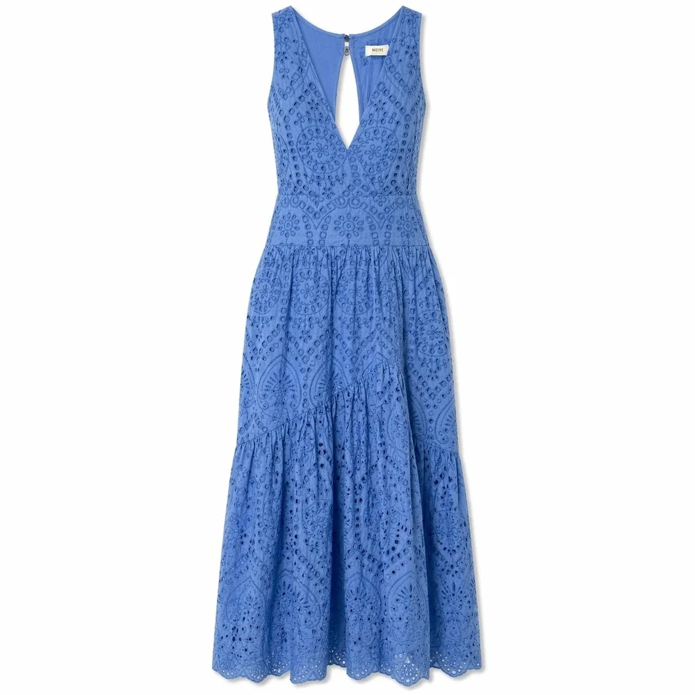 Maeve Anthropologie Blue Eyelet Midi Dress Size 12 Tie Waist Boho - Picture 1 of 15